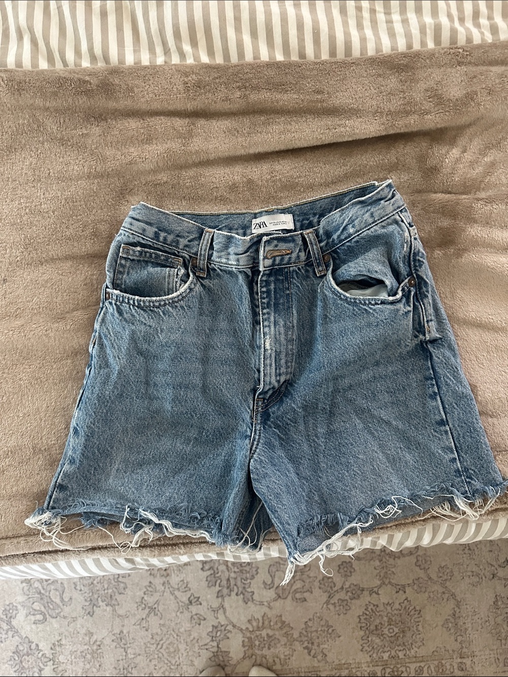 Zara Blue High-Rise Distressed Denim Shorts